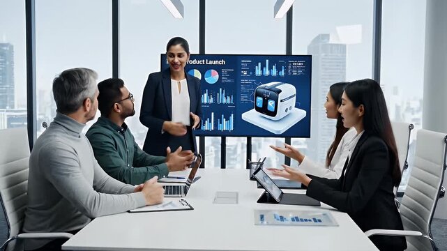 Diverse business team collaborates during a product launch presentation in a modern office setting analyzing data and strategizing for success with focused determination