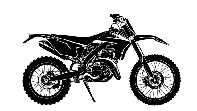 a detailed black and white illustration showcases a dirt bike with prominent tires a sleek frame and visible mechanical components giving a dynamic feel