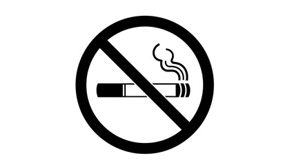 a simple black and white illustration depicts a circular prohibition sign with a diagonal line crossing out a lit cigarette indicating no smoking allowed
