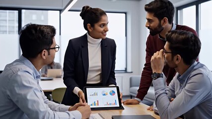 Diverse business team collaborating around a tablet displaying data analytics charts demonstrating strategic planning and modern workplace teamwork in an office setting - Powered by Adobe
