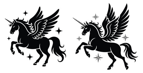 Fototapeta premium winged unicorn, Alicorn, Pegacorn, or Unipeg, silhouette with stars and sparkles in a mythical fantasy art style, Majestic winged unicorns, stars and magical sparkles, fantasy theme