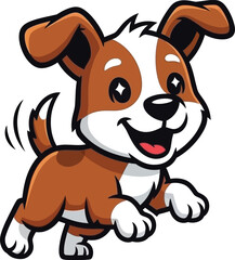 Adorable cartoon puppy with brown and white markings happily running and wagging its tail