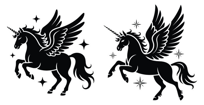 winged unicorn, Alicorn, Pegacorn, or Unipeg, silhouette with stars and sparkles in a mythical fantasy art style, Majestic winged unicorns, stars and magical sparkles, fantasy theme
