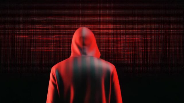 Mysterious hooded person in shadow with red binary code background, dark dramatic lighting, symbolizing cybercrime or hacking threat