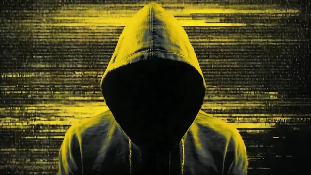 Hooded faceless figure in yellow digitally stylized, with glitch effects on black background, concept of cybercrime and anonymity