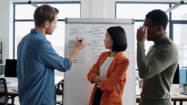 Diverse team brainstorming and collaborating on a whiteboard with diagrams and flowcharts during a creative meeting in a modern office setting