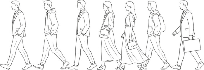 Black and White Line Drawing of Diverse People Walking in Various Outfits for Fashion, Lifestyle, and Character Design Illustration Use