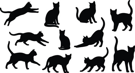 Black cat silhouette set showing playful, walking, sitting and jumping poses, minimal feline shapes ideal for design, vector and illustration use
