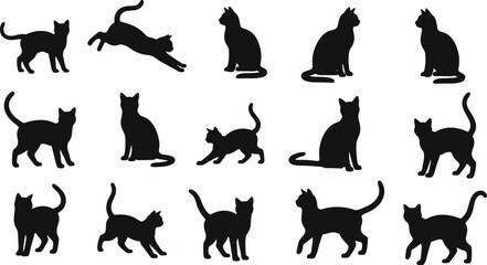 Black cat silhouette collection showing various poses and movements, playful feline shapes set for design, illustration and decorative graphic use