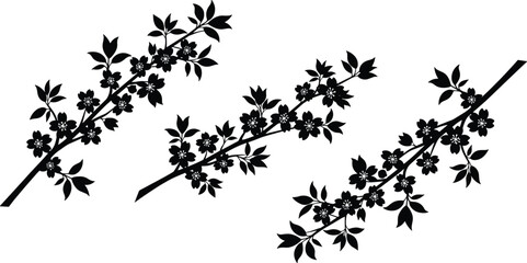 Black floral branch silhouette illustration set with blooming flowers and leaves, elegant botanical vector elements isolated on white background