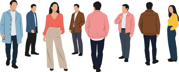 Casual people walking and standing in modern outfits, diverse men and women flat vector illustration for urban lifestyle design