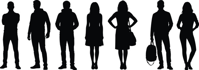 Casual people silhouettes standing in a row, men and women urban lifestyle characters isolated on white background illustration