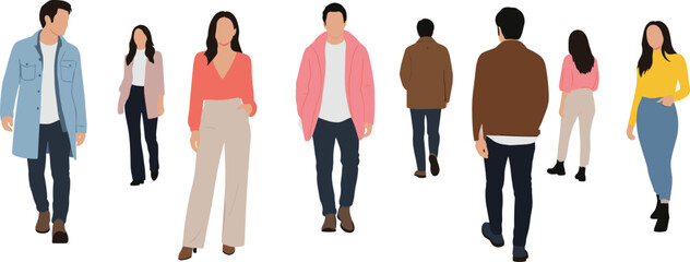 Casual people walking in different directions, modern men and women street style outfits, flat vector illustration for urban lifestyle design