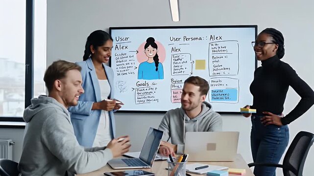 Diverse team collaborates on a whiteboard user persona during a design thinking workshop in a modern office setting focusing on customer empathy and market research