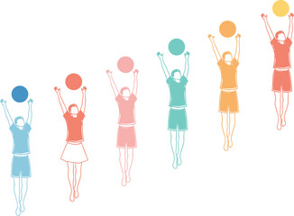 Colorful line art children jumping and reaching balls, playful active kids illustration, healthy lifestyle concept vector design on white background