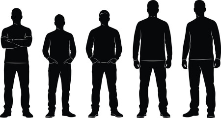 Five standing men silhouettes isolated on white background, anonymous male figures lineup, black vector illustration for modern design projects