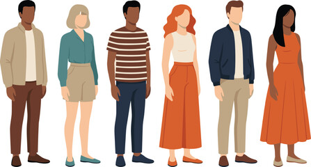 Flat diverse people characters illustration set showing multicultural men and women standing together in modern casual clothing isolated