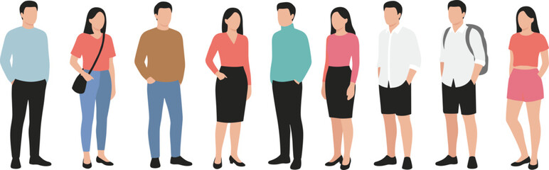 Flat Minimalist Illustrations of Diverse People in Casual and Semi-Formal Outfits for Fashion, Character Design, and Group Representation