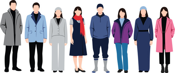 Flat people characters illustration set featuring men and women in winter and casual clothing standing together isolated on white background