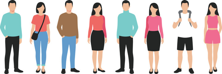 Flat Illustrations of Diverse People in Casual and Semi-Formal Outfits for Fashion, Character Design, and Group Representation Projects