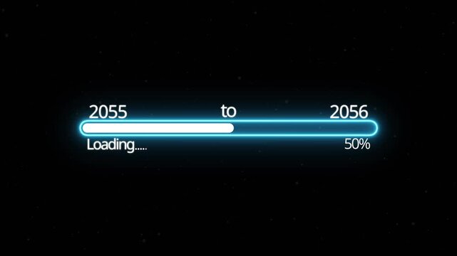 Abstract New year 2056 loading bar animation, Loading bar from 2055 to 2056 new year transfer animation. Almost reaching New Year on black background. Welcoming the happy new year 2056. alpha channel