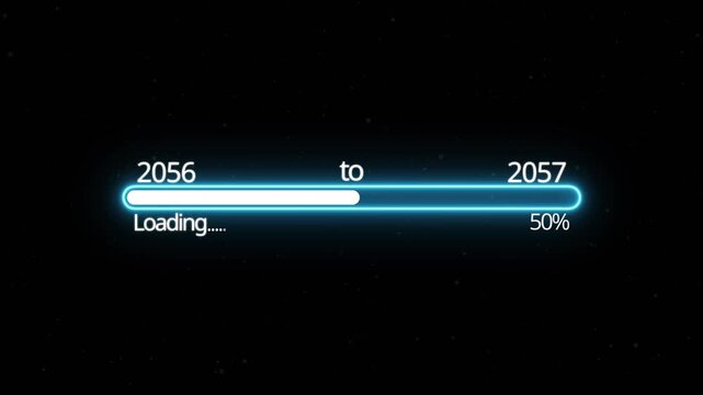 Abstract New year 2057 loading bar animation, Loading bar from 2056 to 2057 new year transfer animation. Almost reaching New Year on black background. Welcoming the happy new year 2057. alpha channel