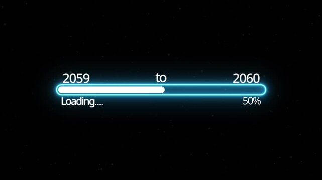 Abstract New year 2060 loading bar animation, Loading bar from 2059 to 2060 new year transfer animation. Almost reaching New Year on black background. Welcoming the happy new year 2060. alpha channel