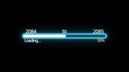 Abstract New year 2025 loading bar animation, Loading bar from 2084 to 2085 new year transfer animation. Almost reaching New Year on black background. Welcoming the happy new year 2085. alpha channel
