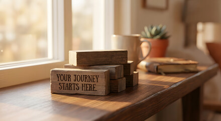 Motivational Wooden Blocks with Inspirational Message on a Cozy Windowsill