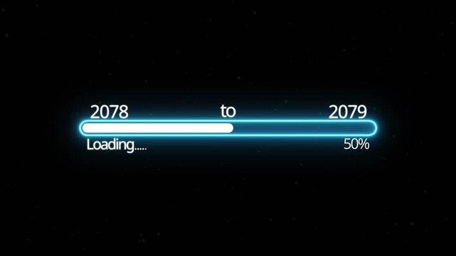 Abstract New year 2079 loading bar animation, Loading bar from 2078 to 2079 new year transfer animation. Almost reaching New Year on black background. Welcoming the happy new year 2079. alpha channel