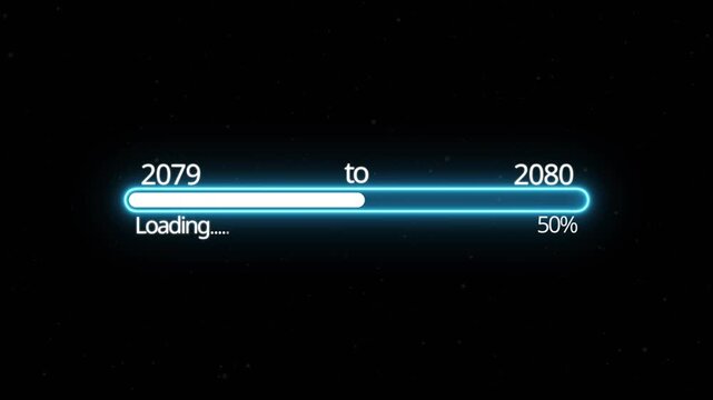 Abstract New year 2080 loading bar animation, Loading bar from 2079 to 2080 new year transfer animation. Almost reaching New Year on black background. Welcoming the happy new year 2027. alpha channel