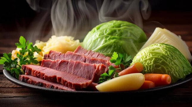 Steaming hot corned beef and cabbage dinner with potatoes and carrots