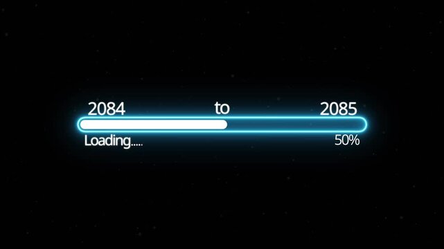 Abstract New year 2025 loading bar animation, Loading bar from 2084 to 2085 new year transfer animation. Almost reaching New Year on black background. Welcoming the happy new year 2085. alpha channel