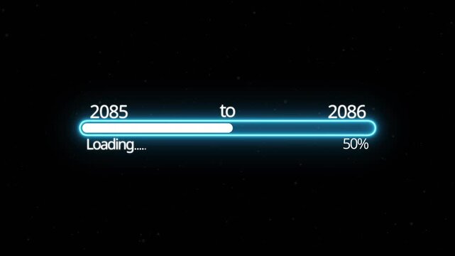Abstract New year 2086 loading bar animation, Loading bar from 2085 to 2086 new year transfer animation. Almost reaching New Year on black background. Welcoming the happy new year 2086. alpha channel