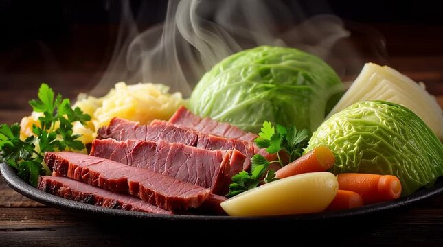 Steaming hot corned beef and cabbage dinner with carrots and potatoes