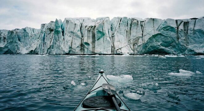 A lone kayaker navigates the frigid waters before an imposing towering glacier in alaska