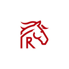 Obraz premium Modern minimalist red horse head logo graphic with integrated letter R, a powerful animal icon design concept