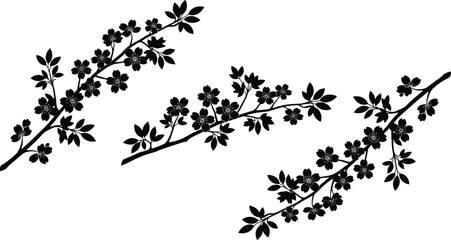 Elegant black floral branch silhouettes with blooming flowers and leaves, decorative botanical vector set isolated on white background for design
