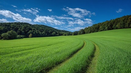 Naklejka premium Verdant landscape featuring a lush green field, a meandering path, and a backdrop of forested hills under a bright blue sky dotted with fluffy white clouds. A serene outdoor scene.