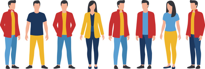 Flat vector illustration of diverse young people standing together in casual modern fashion outfits character set on white background