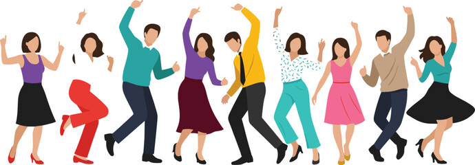 Happy people dancing together, energetic men and women celebrating party moments, colorful flat vector illustration for lifestyle, fun, and event design