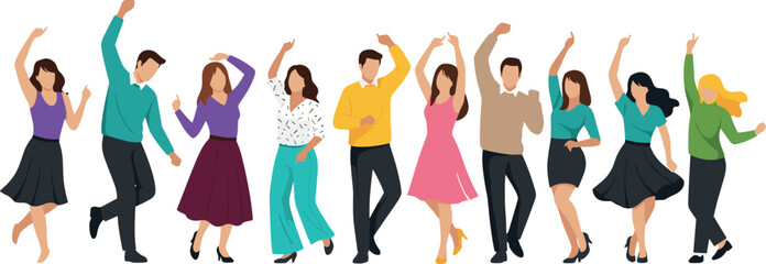 Happy people dancing together at lively party celebration, energetic men and women in motion, colorful flat vector illustration for lifestyle events