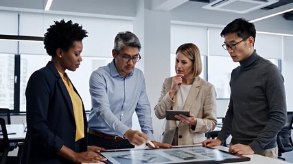 Diverse team of professionals collaborates over architectural plans and a tablet in a modern office setting demonstrating innovation strategy and design review processes
