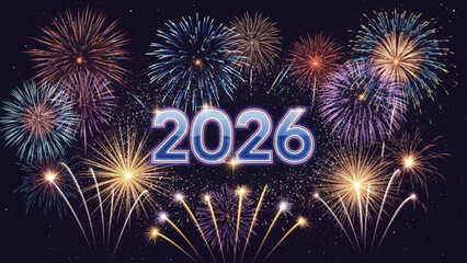 2026 Celebration with Fireworks: A vibrant display of fireworks explodes in a kaleidoscope of colors, marking the arrival of the year 2026 in a burst of joy and anticipation.
