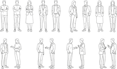 Minimal line art business people standing and communicating, professional men and women characters, outline vector illustration set for corporate use