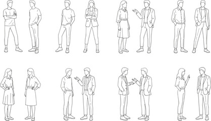 Minimal line art business people standing and talking, professional men and women characters, outline illustration set for corporate design use