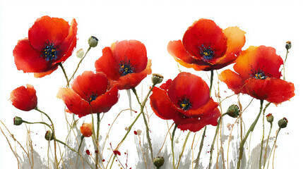 Obraz premium A vibrant watercolor painting captures the delicate beauty of red poppies in full bloom. The petals, painted with fluid brushstrokes, exude a sense of gentle grace and tranquility.