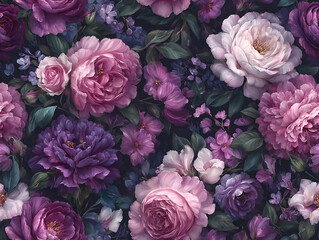 Watercolor dark floral pattern of peonies and roses in pink, blush, purple, white, and black on dark background, vintage-inspired, hyper-realistic digital art