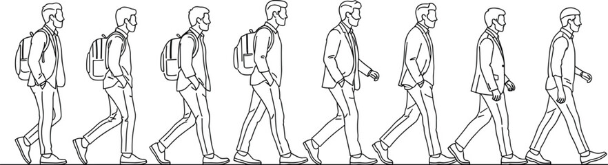 Minimal line art illustration of men walking in sequence, modern urban lifestyle concept with business casual outfits and backpacks