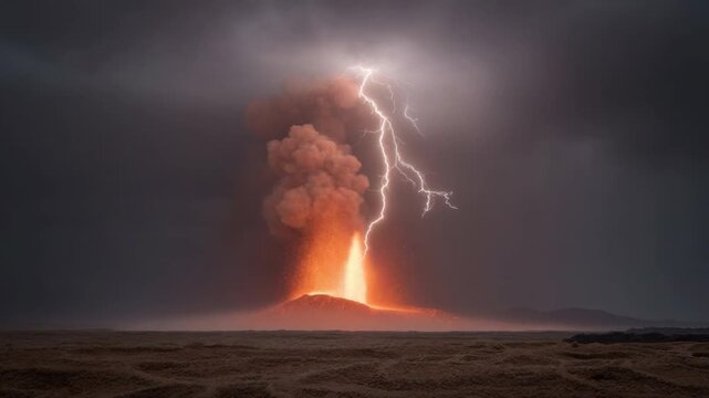 Majestic Eruption of Volcano Under Dramatic Stormy Sky with Lightning Striking in Background 4k video footage